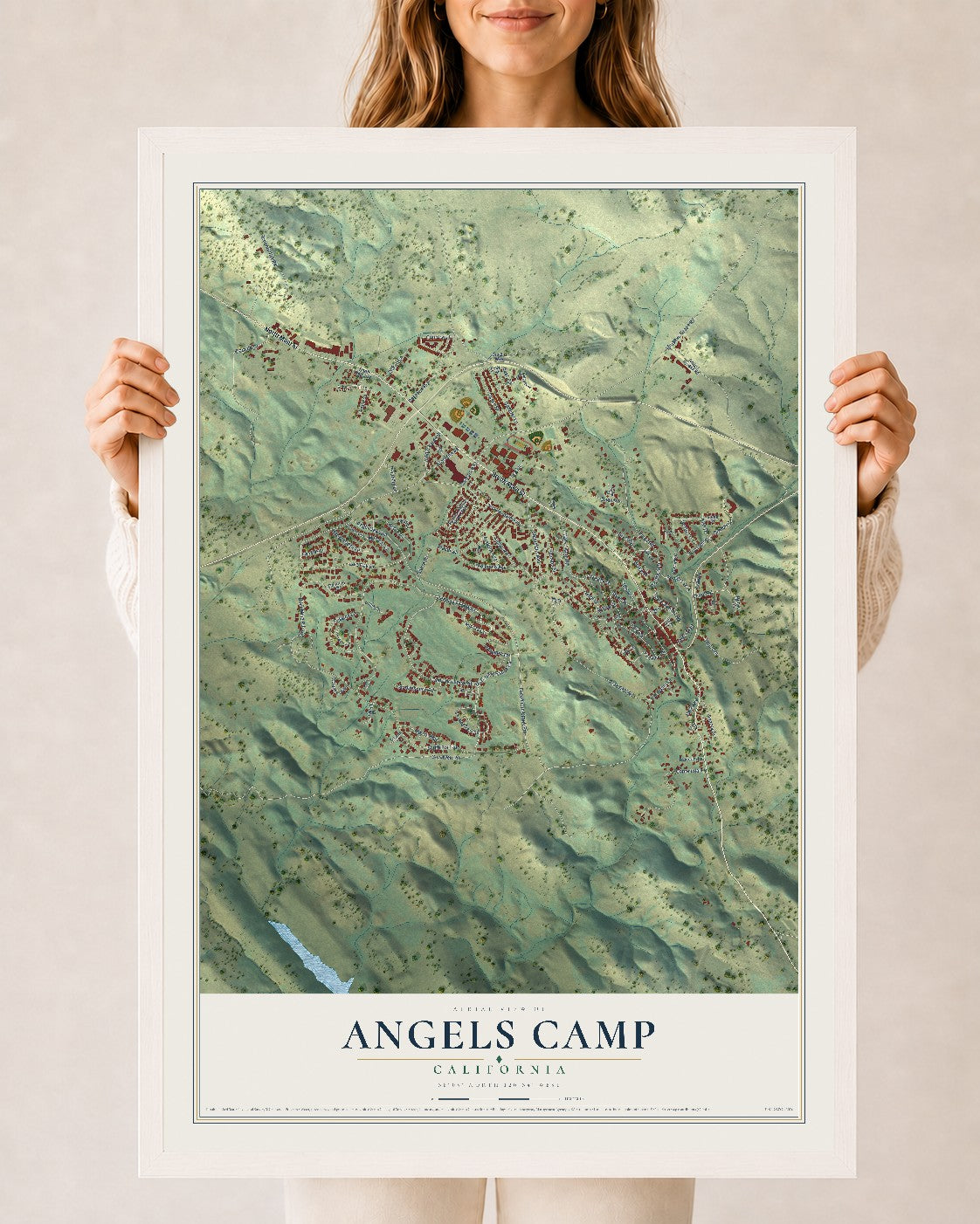 Map of Angels Camp, California, 24 x 36 inch print in a white wood frame