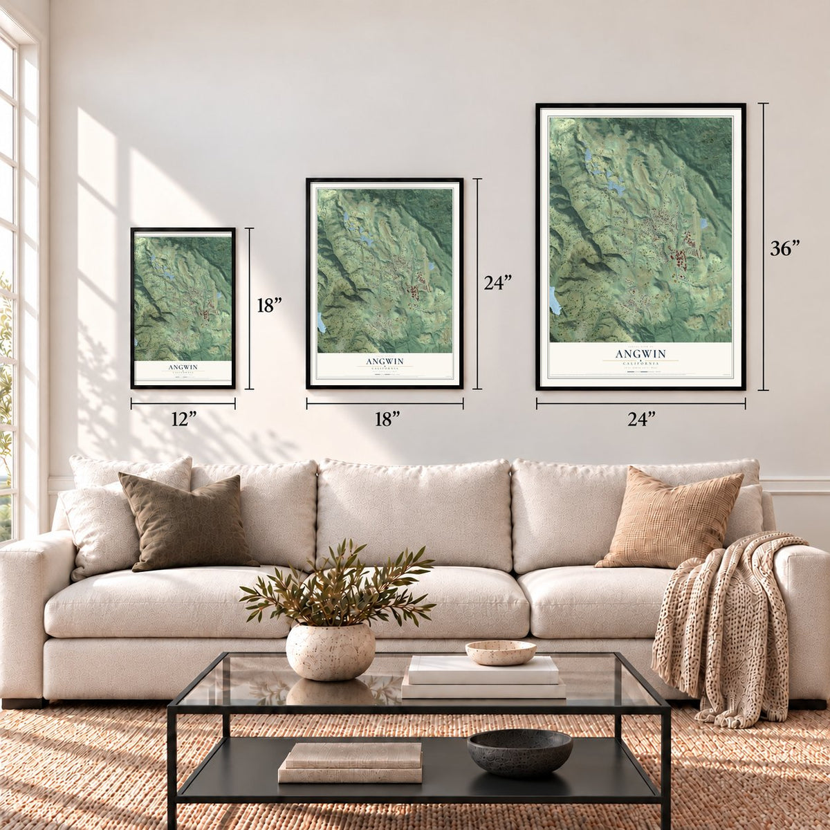 Angwin, California map in 12 x 18, 18 x 24 and 24 x 36 inch sizes above a sofa