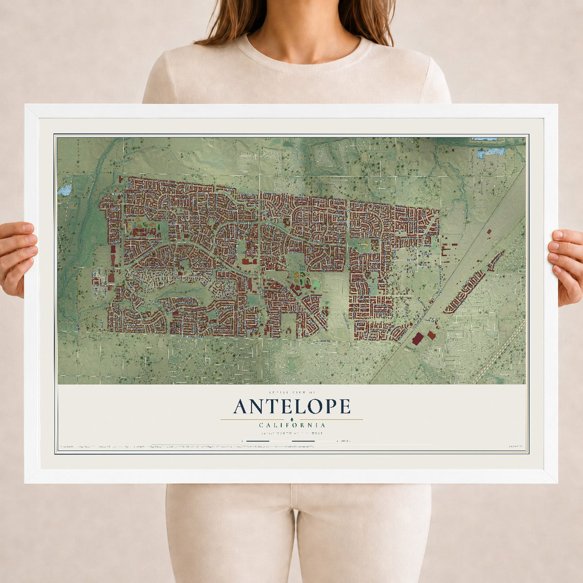 Map of Antelope, California, 18 x 24 inch print in a white wood frame