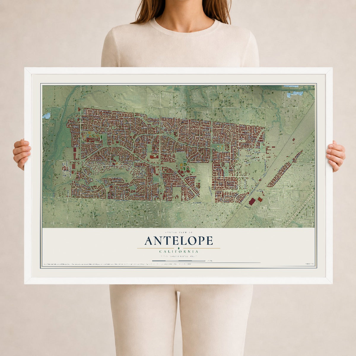 Map of Antelope, California, 24 x 36 inch print in a white wood frame