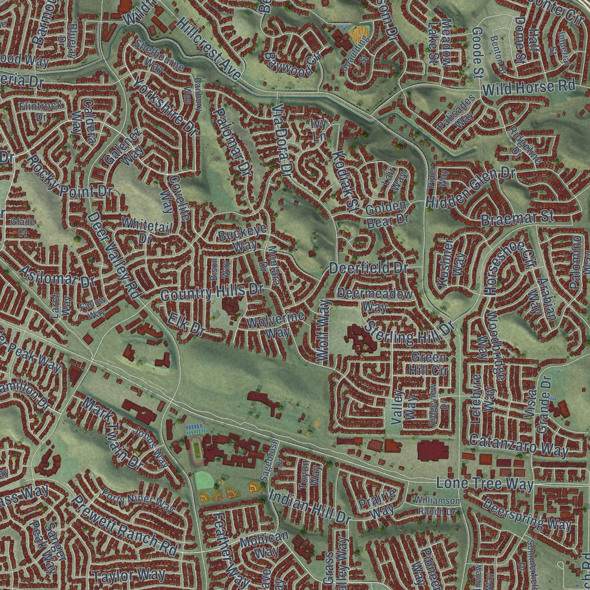 Close-up of the map of Antioch, California print showing street and building detail