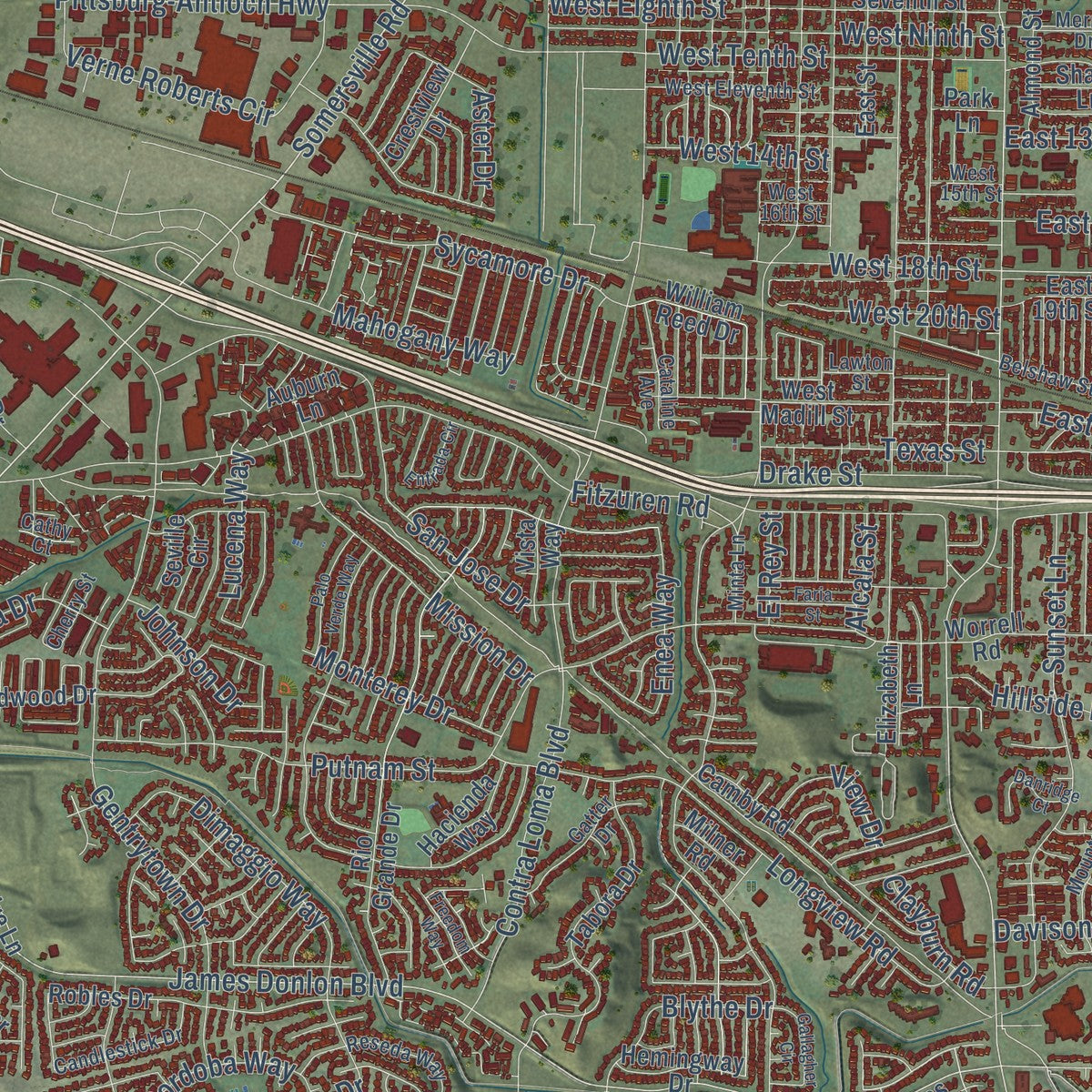 Second close-up of the map of Antioch, California print showing more streets and buildings