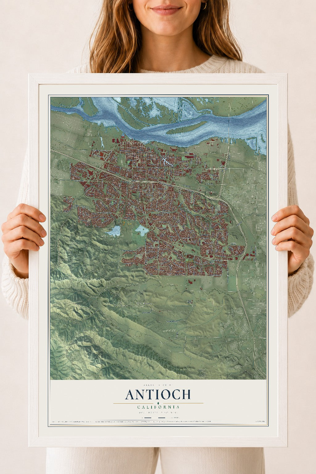 Map of Antioch, California, 18 x 24 inch print in a white wood frame