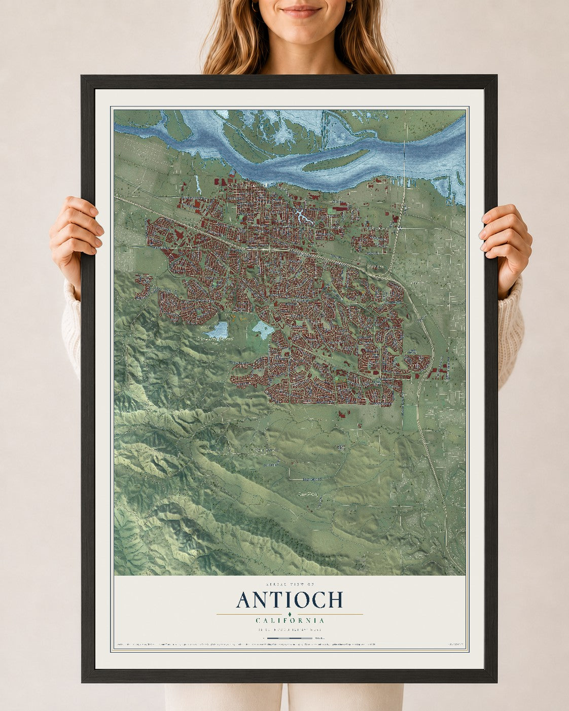Map of Antioch, California, 24 x 36 inch print in a black wood frame