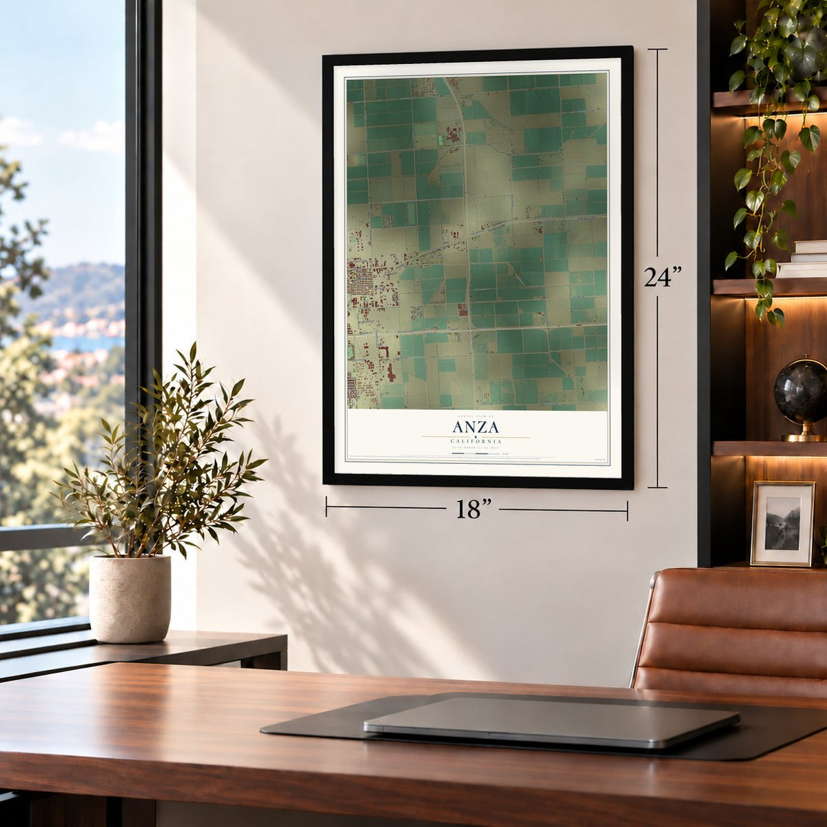 Anza, Imperial County, California map, 18 x 24 inch print in a black frame in a home office