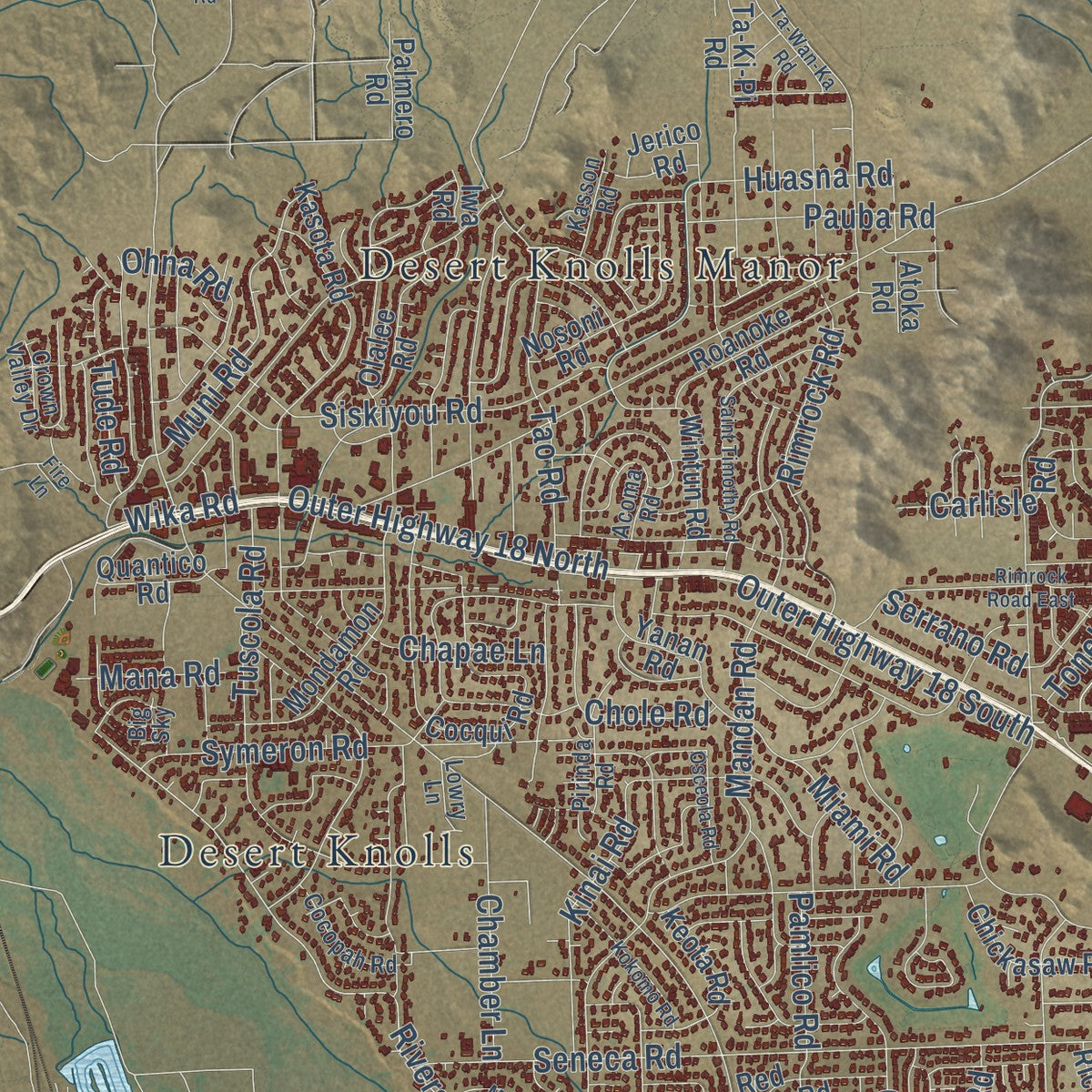 Second close-up of the map of Apple Valley, California print showing more streets and buildings
