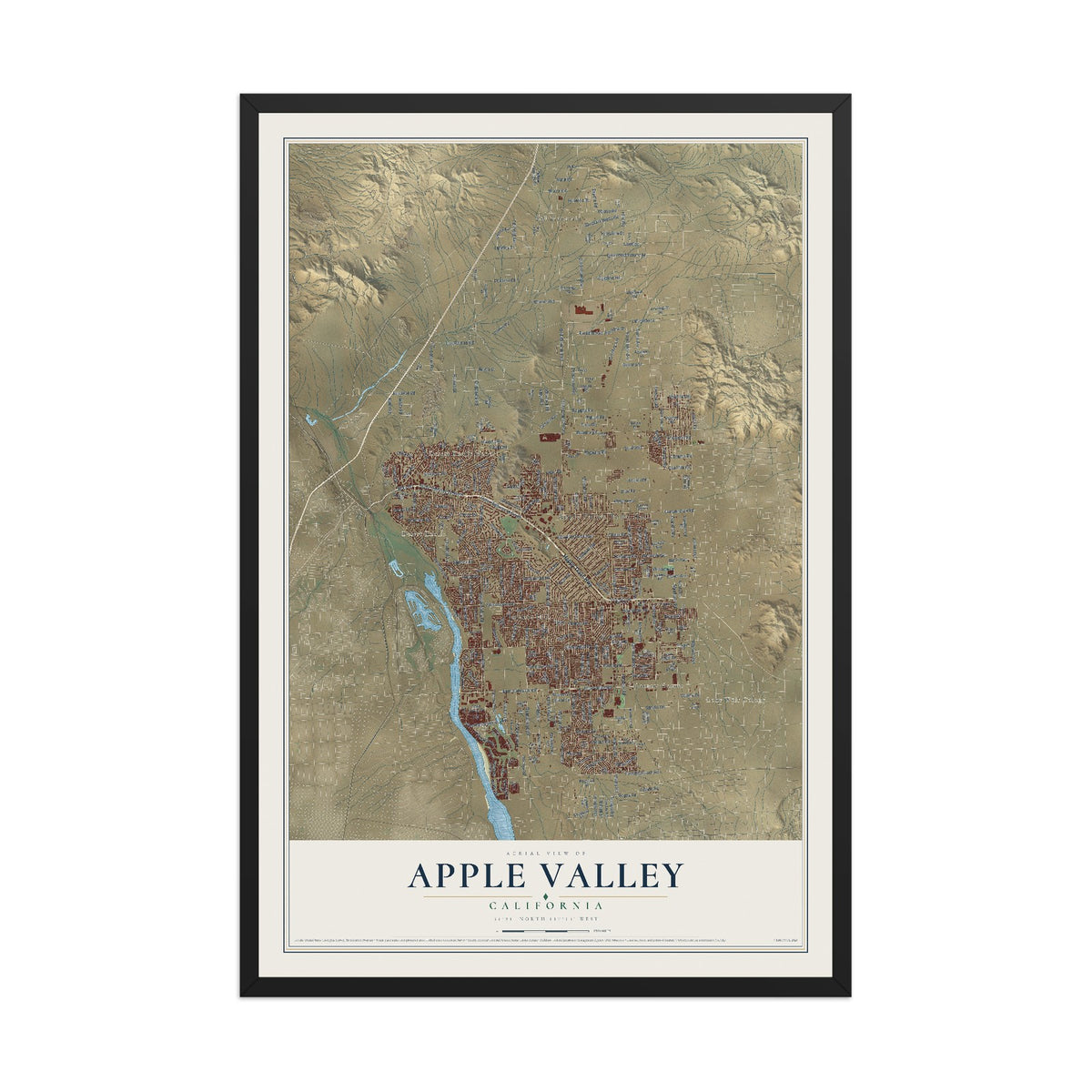 Map of Apple Valley, California, 12 x 18 inch print in a black wood frame