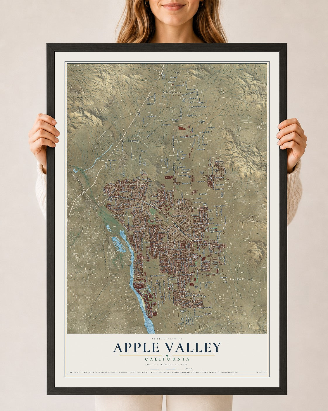 Map of Apple Valley, California, 24 x 36 inch print in a black wood frame