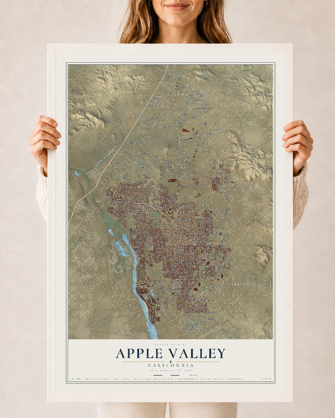 Map of Apple Valley, California, 24 x 36 inch print in a white wood frame