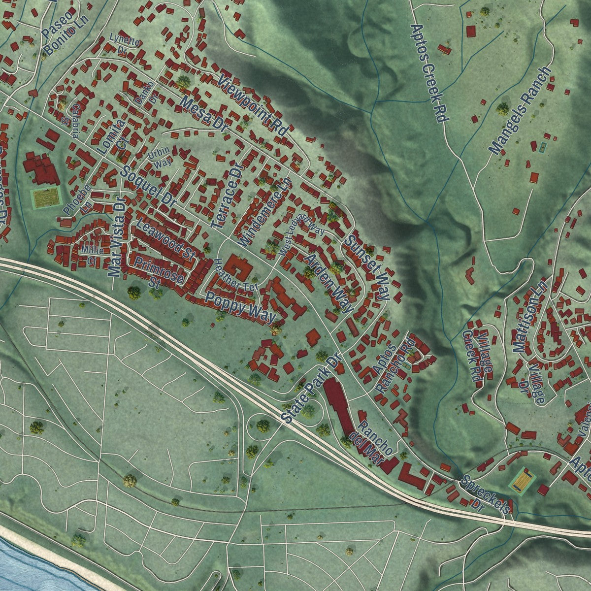 Close-up of the map of Aptos, California print showing street and building detail