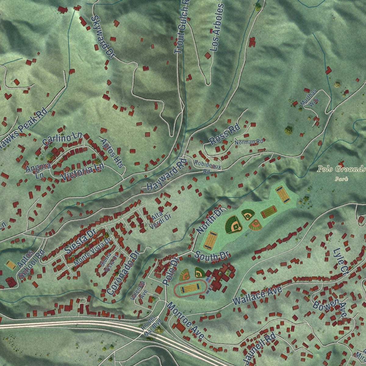 Second close-up of the map of Aptos, California print showing more streets and buildings