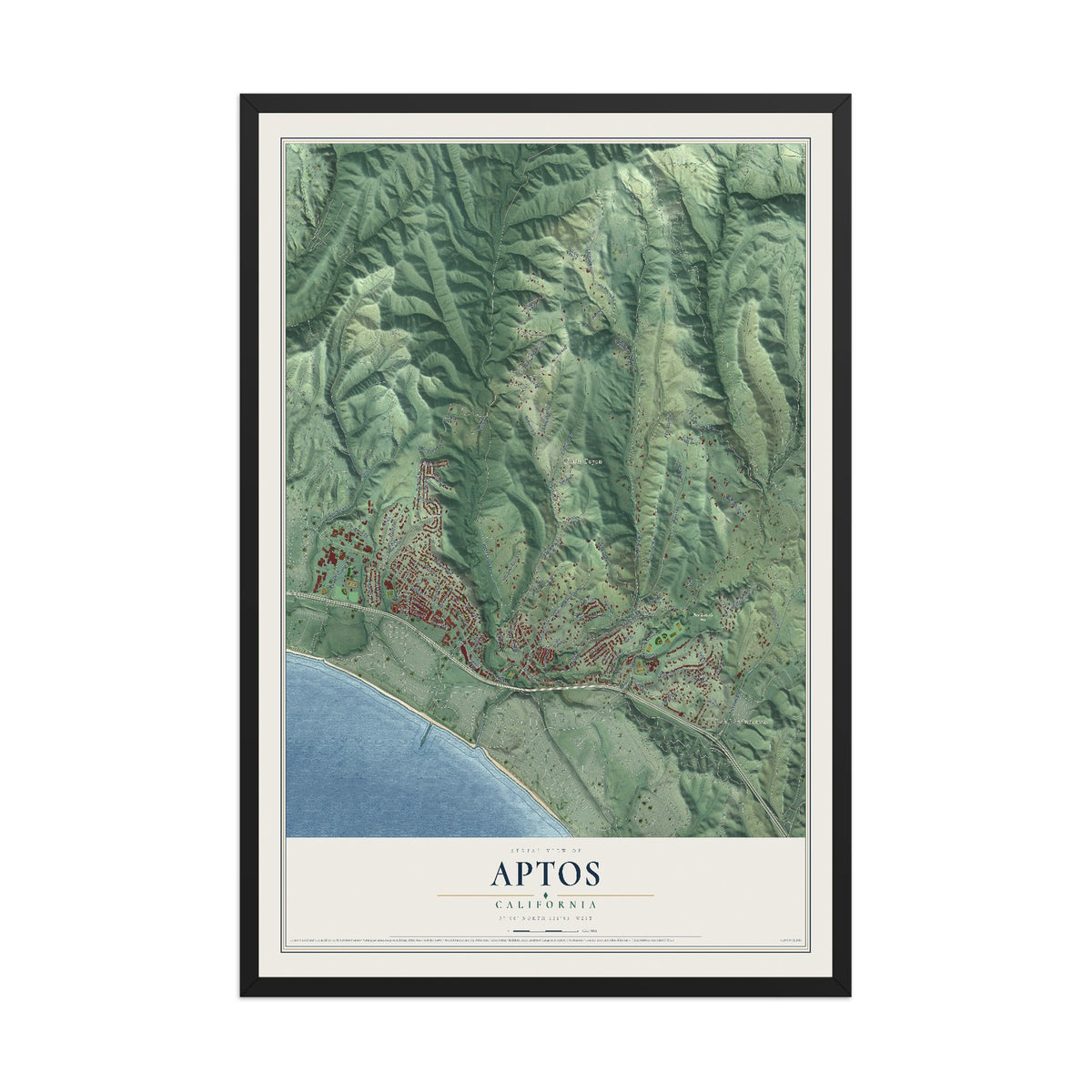 Map of Aptos, California, 12 x 18 inch print in a black wood frame