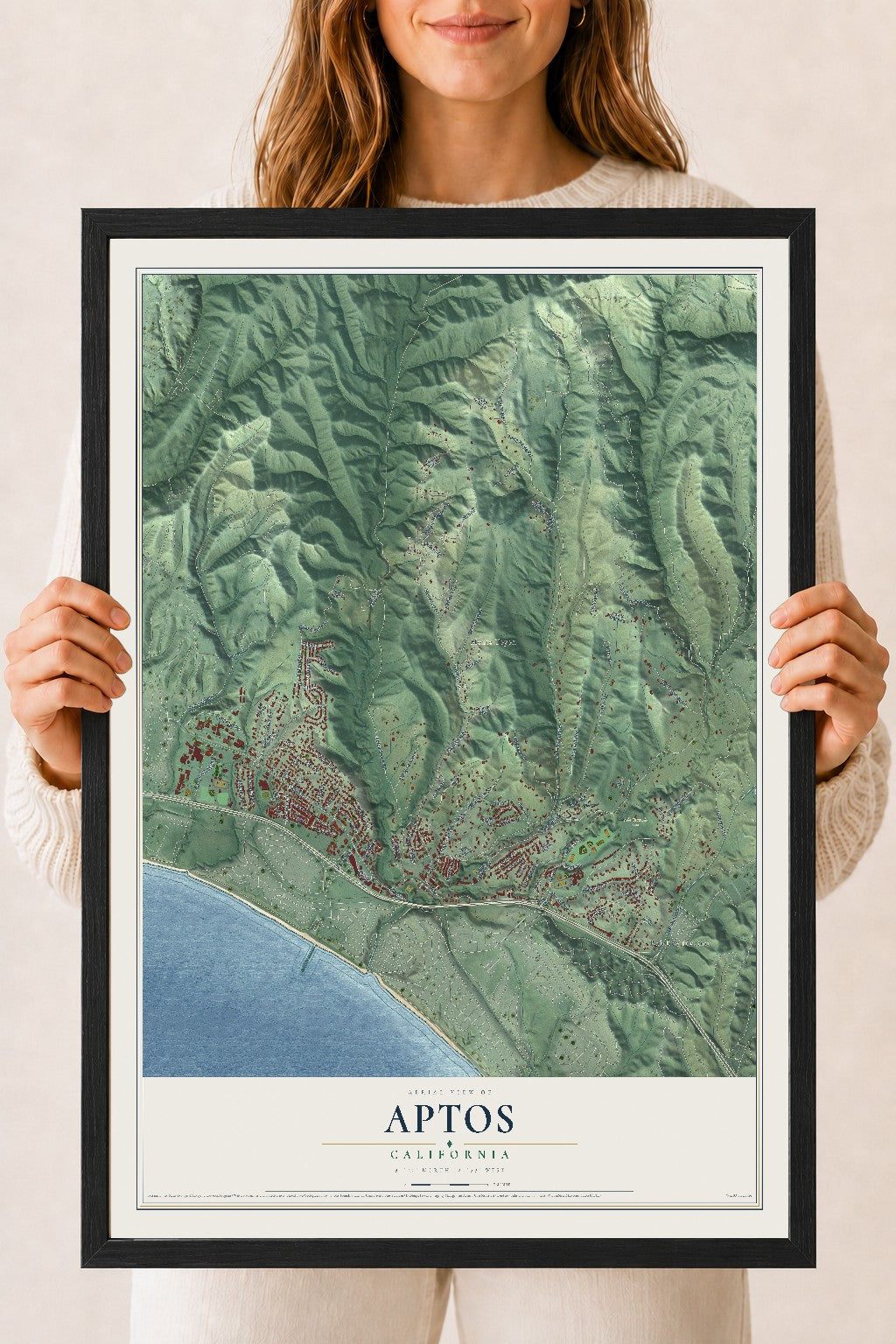 Map of Aptos, California, 18 x 24 inch print in a black wood frame