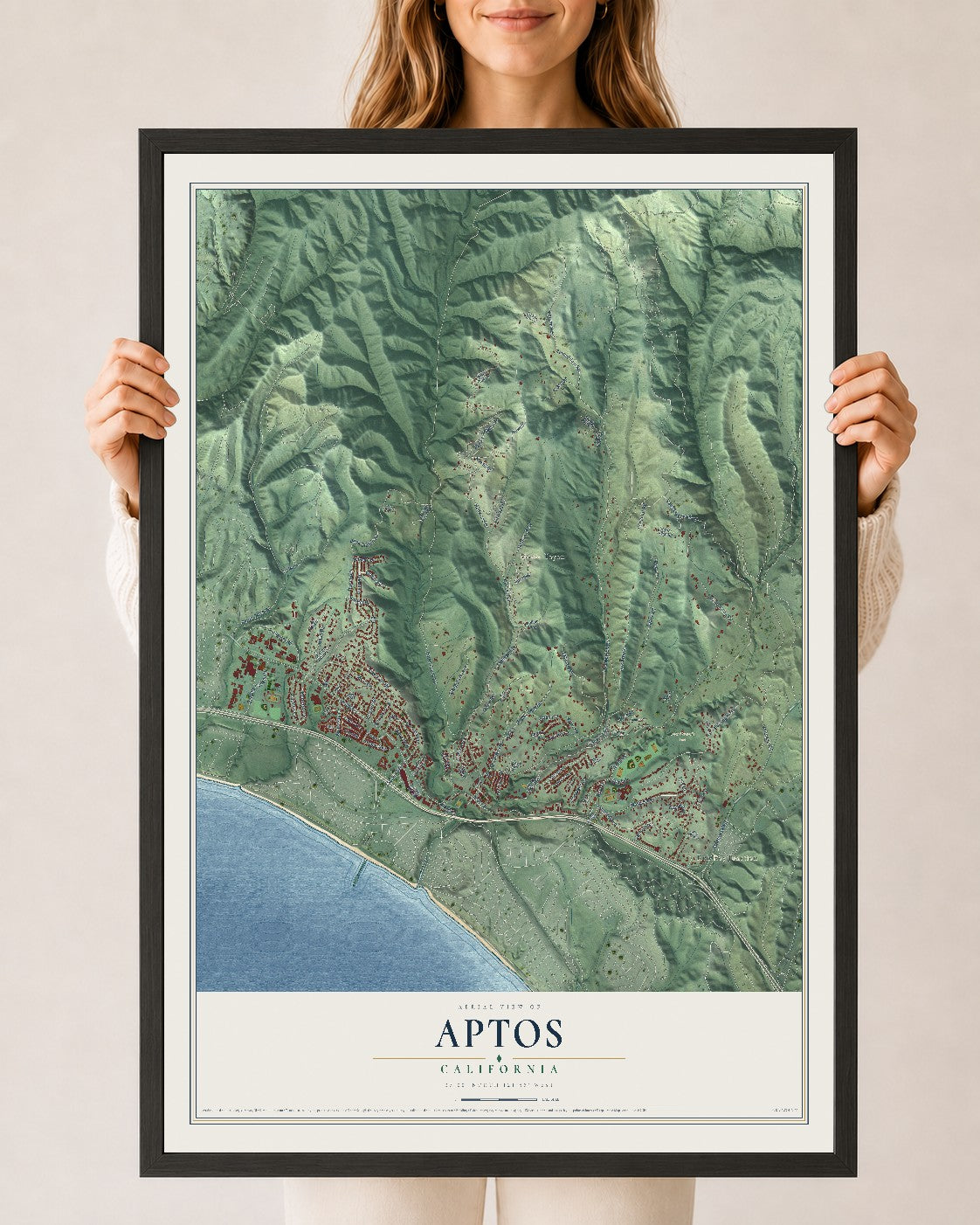 Map of Aptos, California, 24 x 36 inch print in a black wood frame