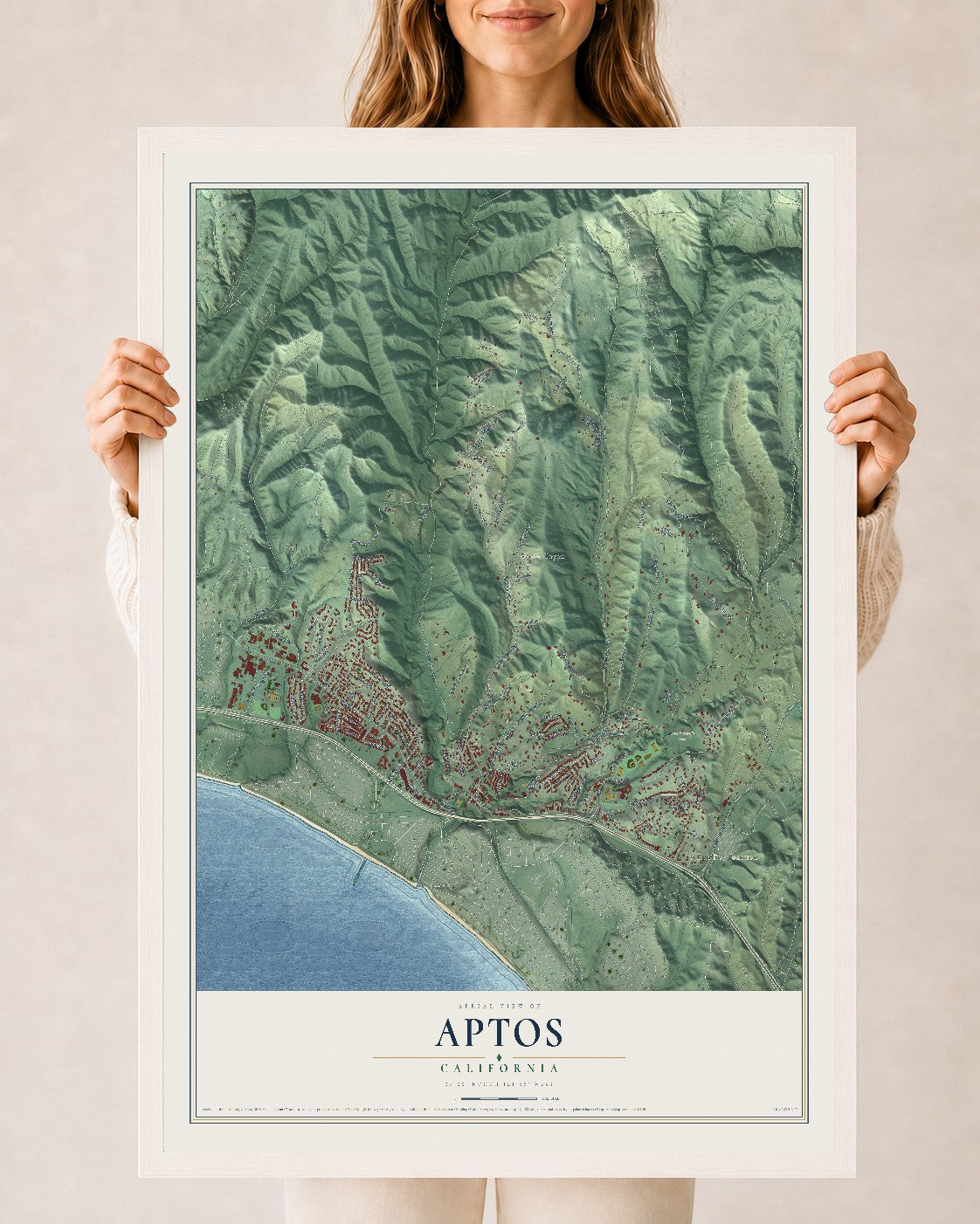 Map of Aptos, California, 24 x 36 inch print in a white wood frame
