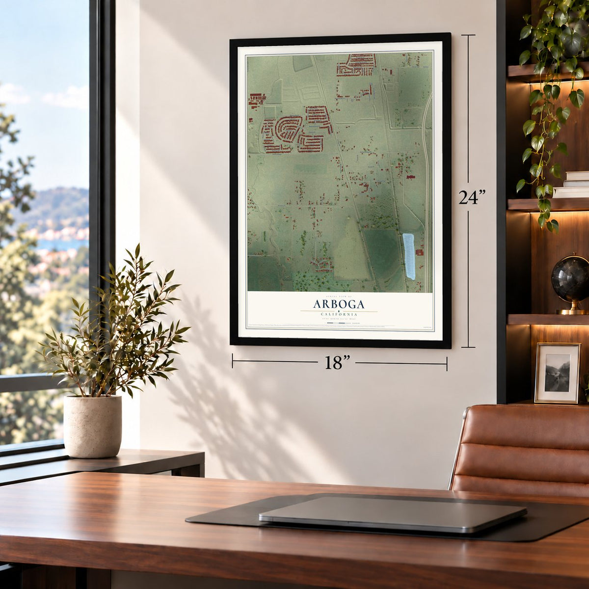 Arboga, California map, 18 x 24 inch print in a black frame in a home office