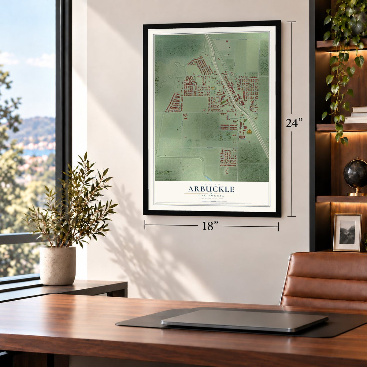 Arbuckle, California map, 18 x 24 inch print in a black frame in a home office
