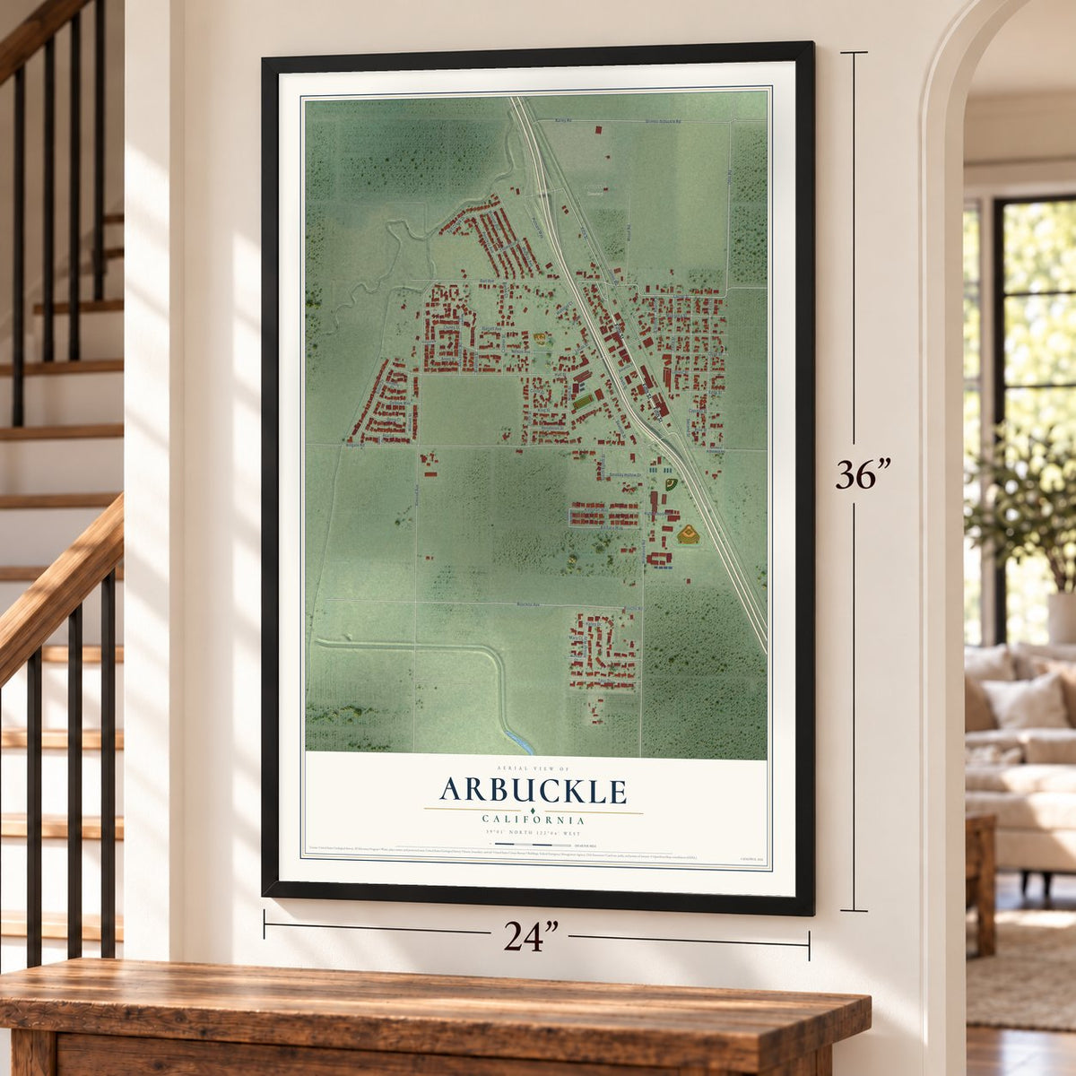 Arbuckle, California map, 24 x 36 inch print in a black frame by a staircase