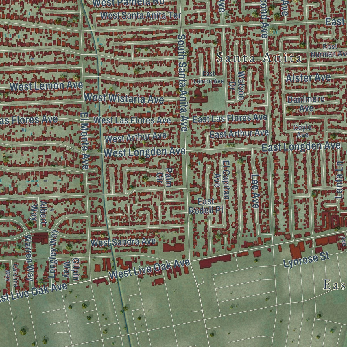 Close-up of the map of Arcadia, California print showing street and building detail