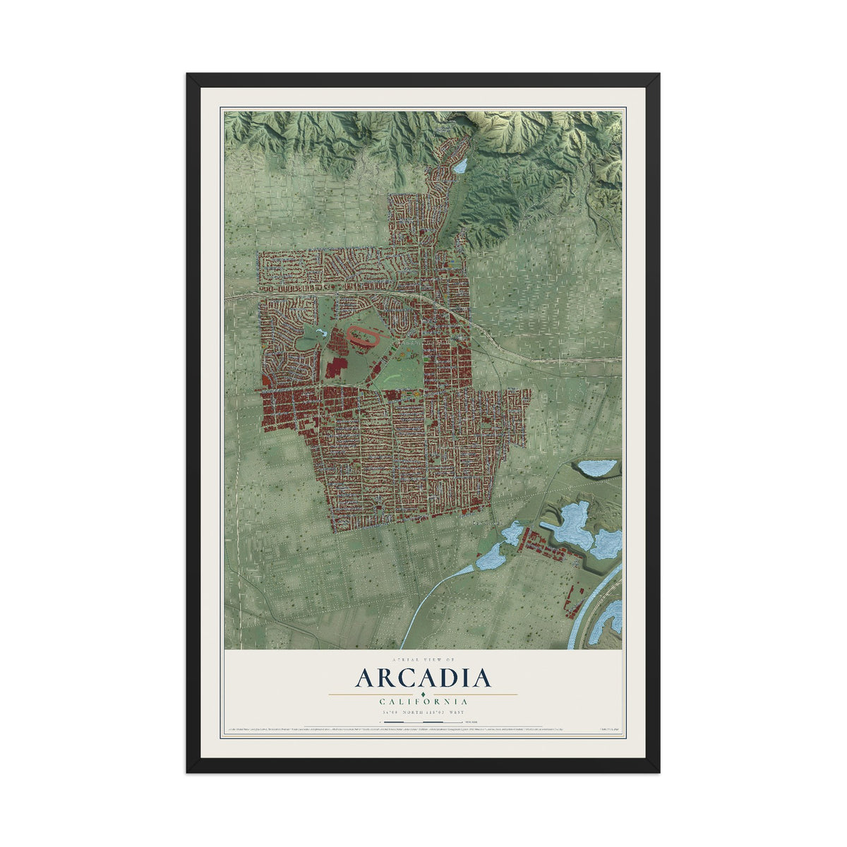 Map of Arcadia, California, 12 x 18 inch print in a black wood frame