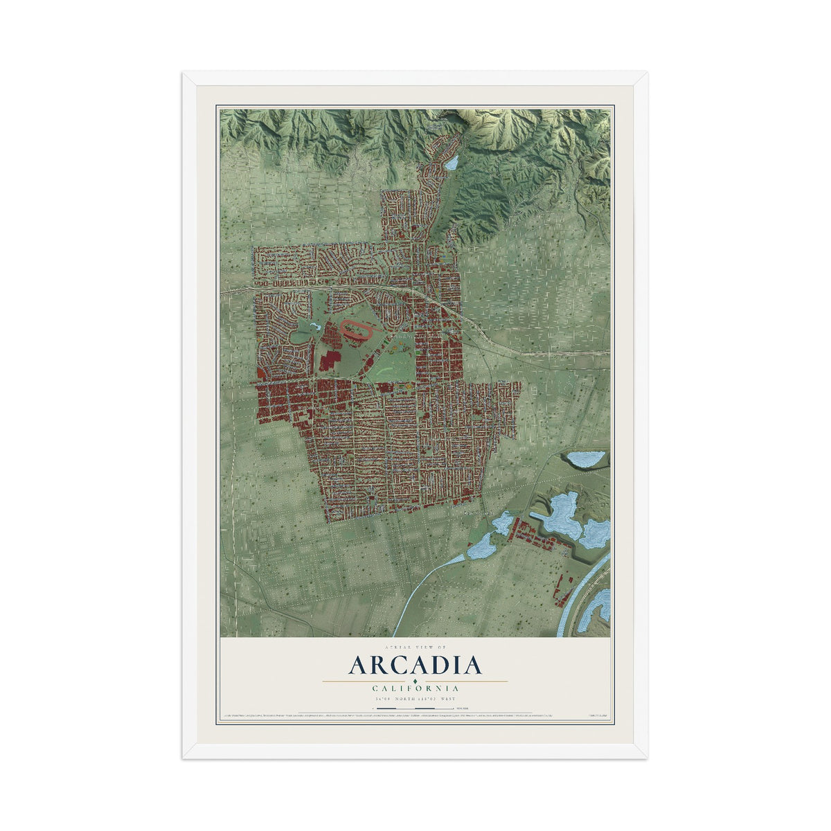 Map of Arcadia, California, 12 x 18 inch print in a white wood frame