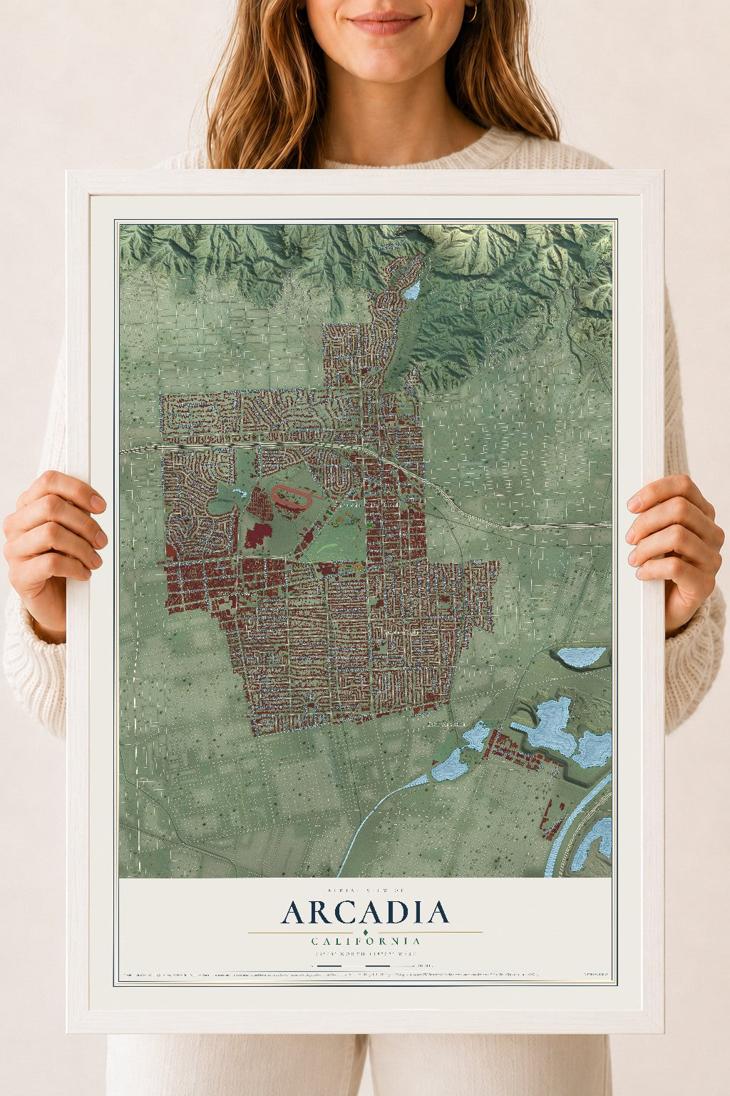 Map of Arcadia, California, 18 x 24 inch print in a white wood frame