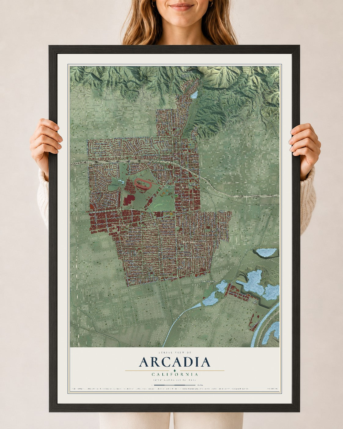 Map of Arcadia, California, 24 x 36 inch print in a black wood frame