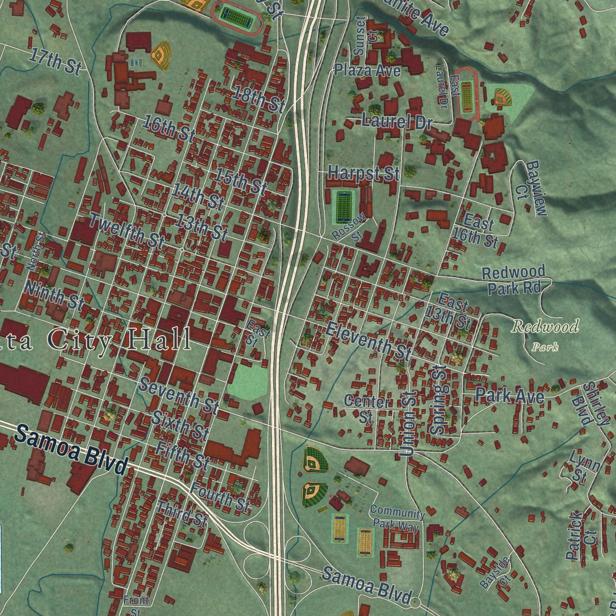 Close-up of the map of Arcata, California print showing street and building detail