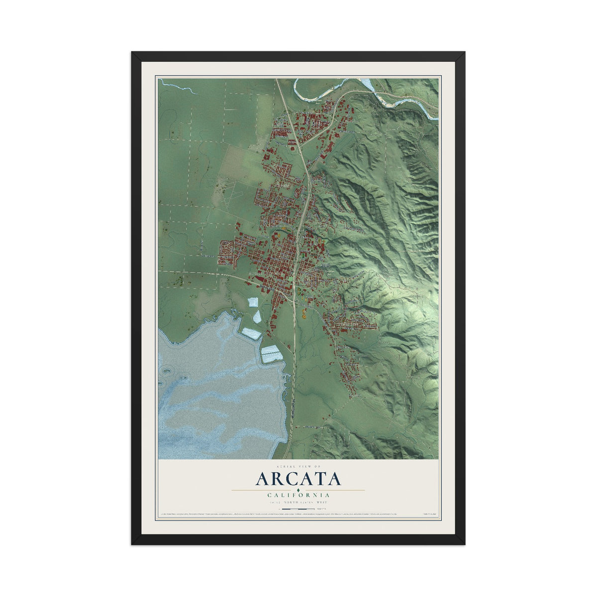 Map of Arcata, California, 12 x 18 inch print in a black wood frame