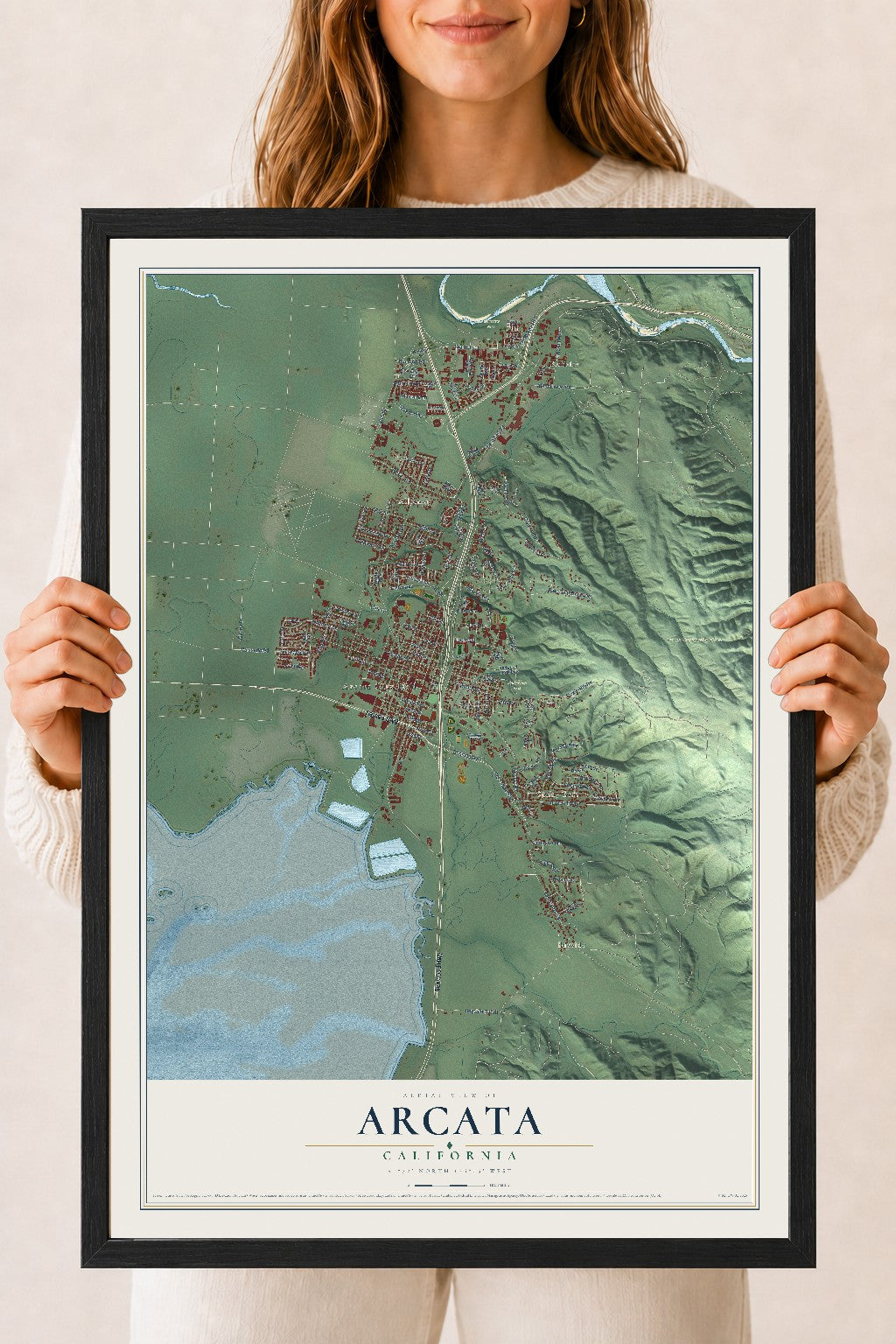 Map of Arcata, California, 18 x 24 inch print in a black wood frame