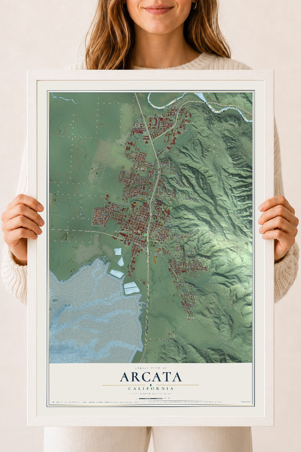 Map of Arcata, California, 18 x 24 inch print in a white wood frame