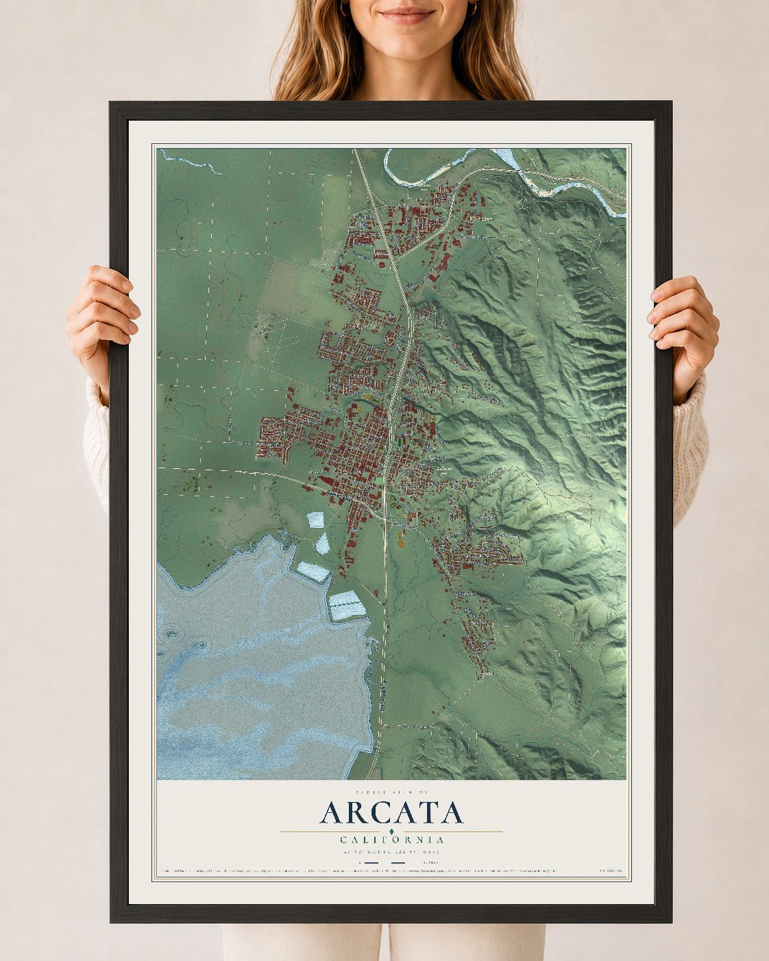 Map of Arcata, California, 24 x 36 inch print in a black wood frame