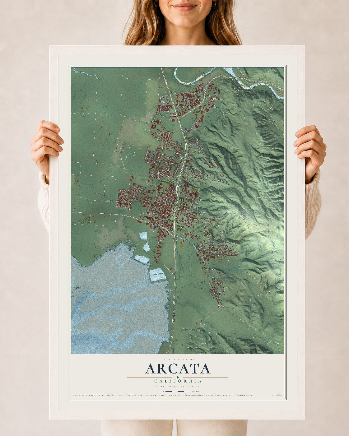 Map of Arcata, California, 24 x 36 inch print in a white wood frame