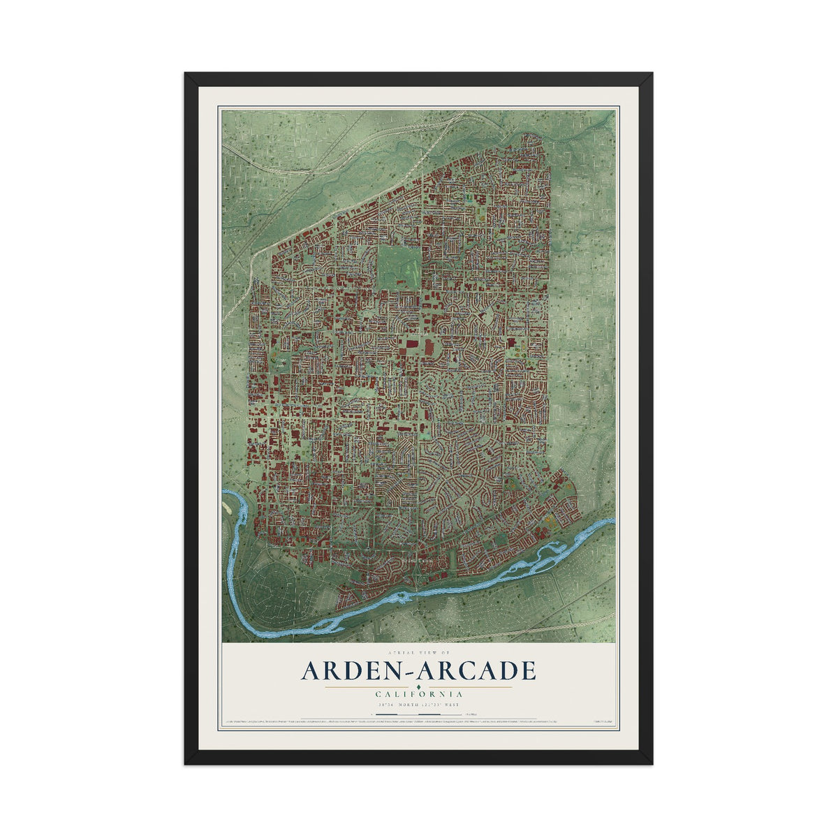 Map of Arden-Arcade, California, 12 x 18 inch print in a black wood frame