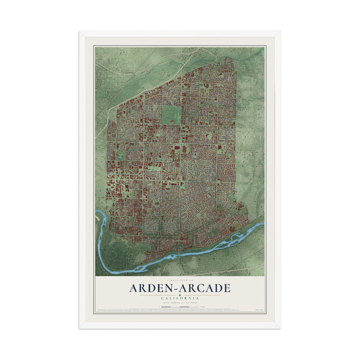 Map of Arden-Arcade, California, 12 x 18 inch print in a white wood frame