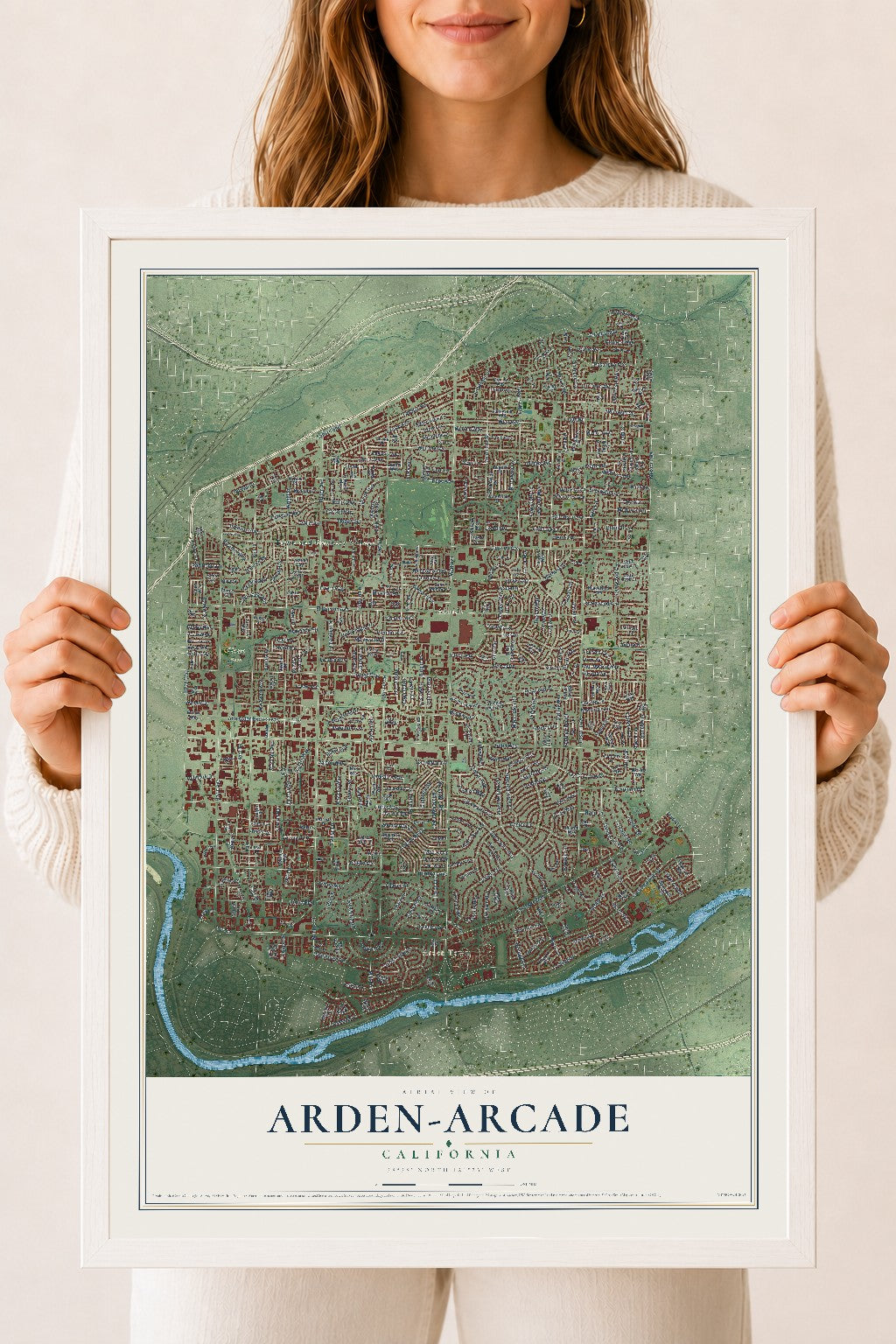 Map of Arden-Arcade, California, 18 x 24 inch print in a white wood frame