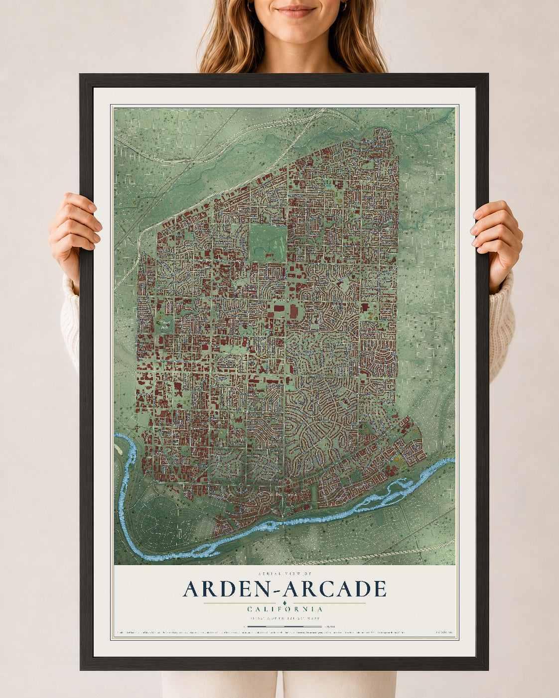 Map of Arden-Arcade, California, 24 x 36 inch print in a black wood frame