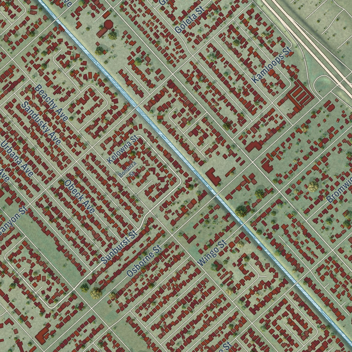 Close-up of the map of Arleta, California print showing street and building detail