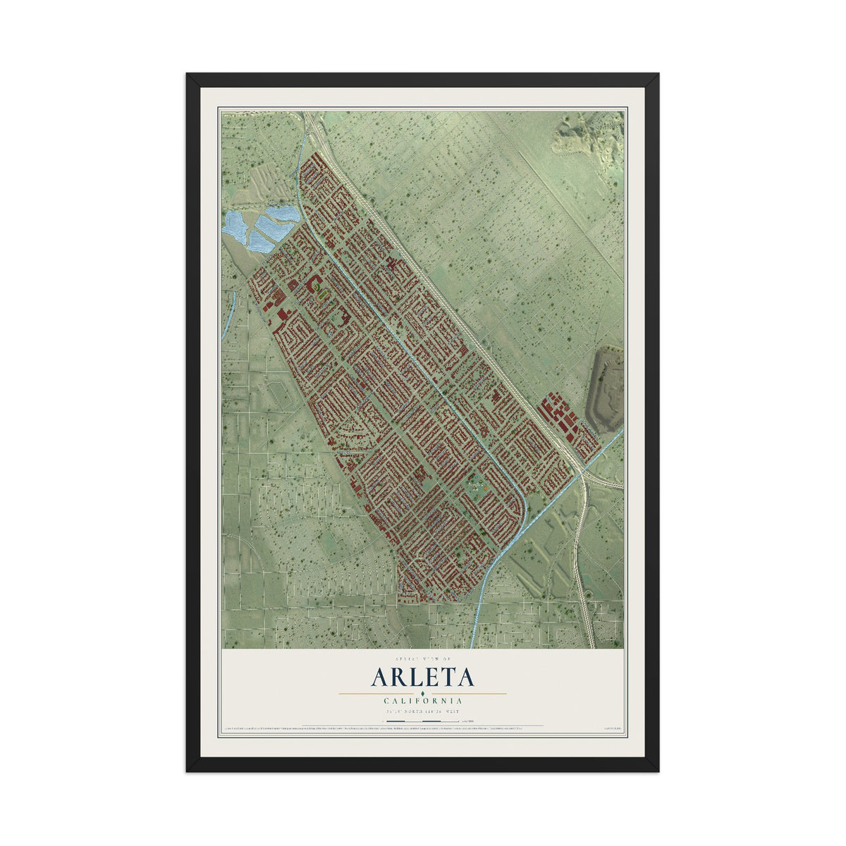 Map of Arleta, California, 12 x 18 inch print in a black wood frame