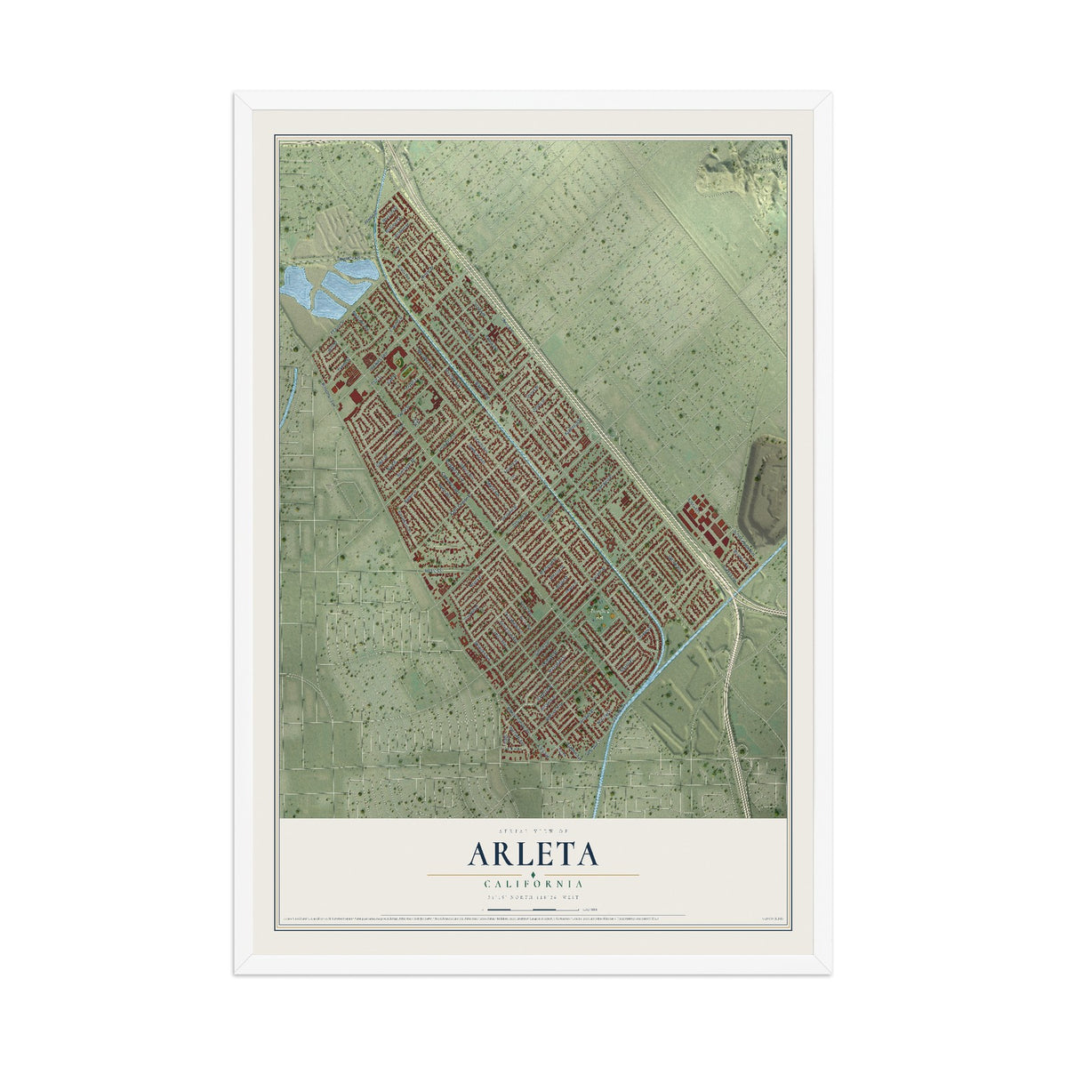 Map of Arleta, California, 12 x 18 inch print in a white wood frame