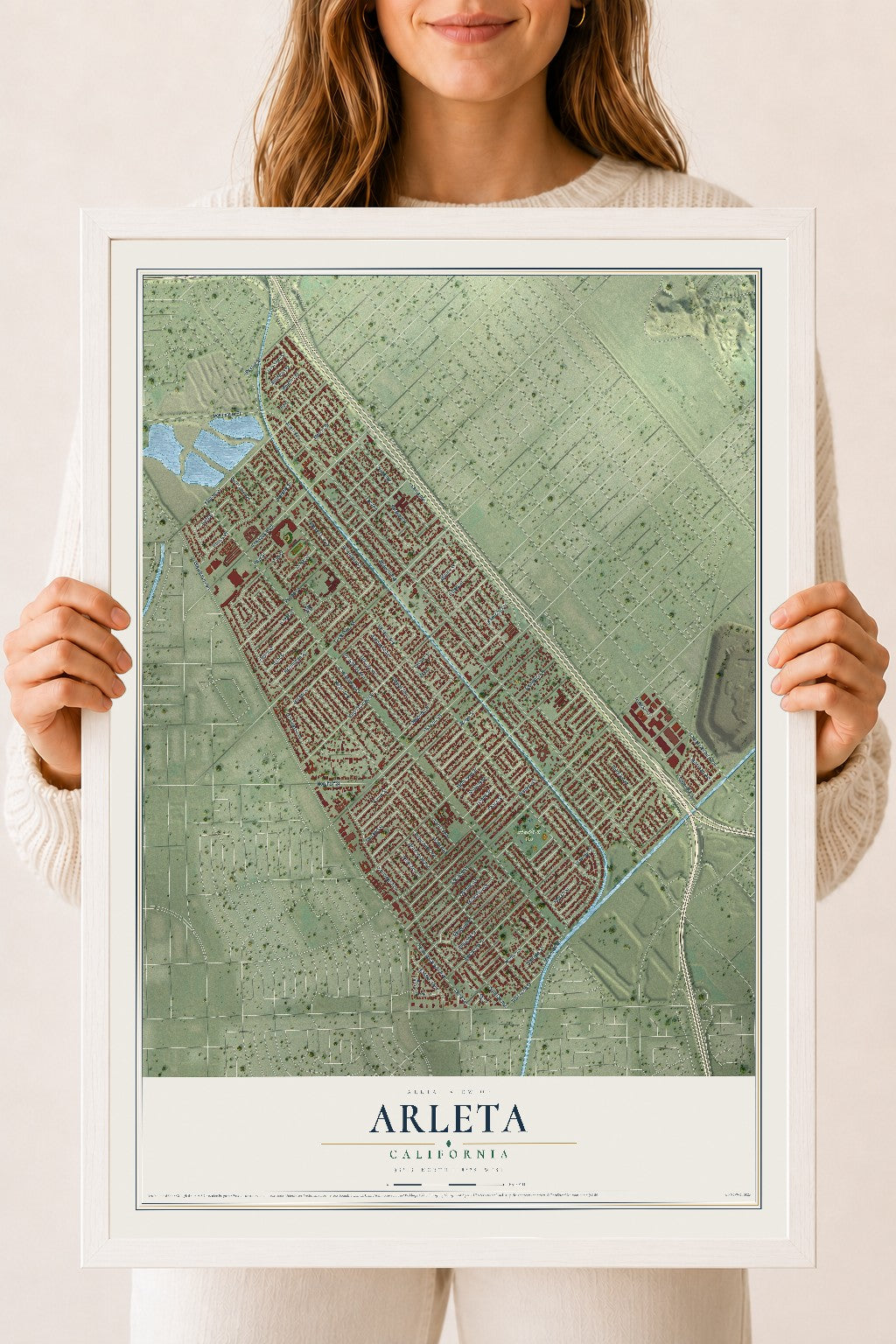 Map of Arleta, California, 18 x 24 inch print in a white wood frame