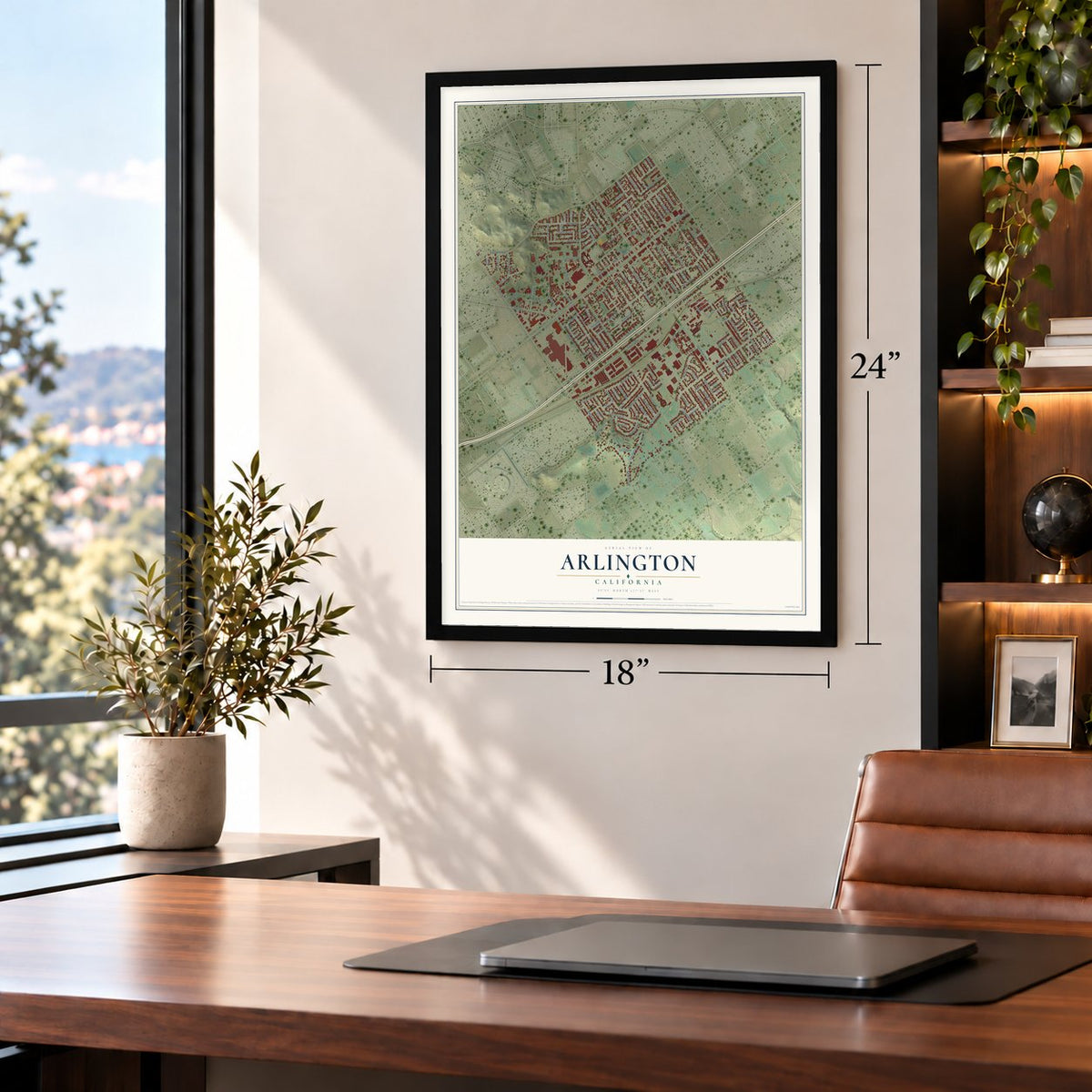 Arlington, California map, 18 x 24 inch print in a black frame in a home office