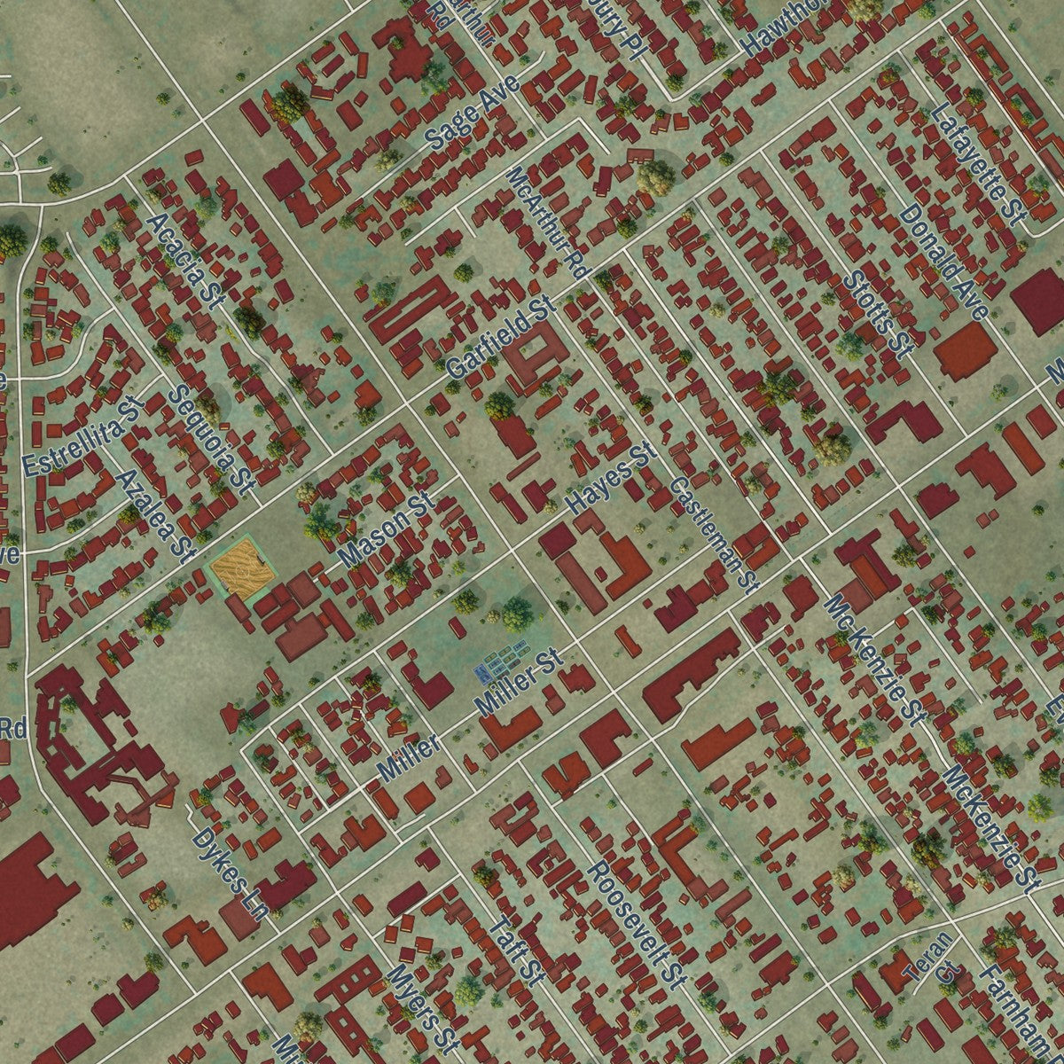 Close-up of the map of Arlington, California print showing street and building detail
