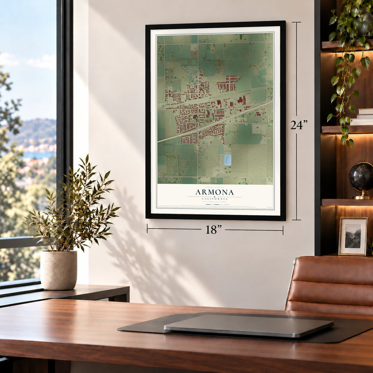 Armona, California map, 18 x 24 inch print in a black frame in a home office