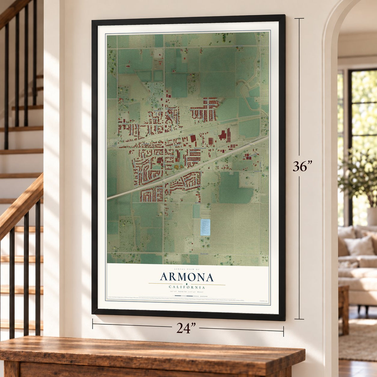 Armona, California map, 24 x 36 inch print in a black frame by a staircase