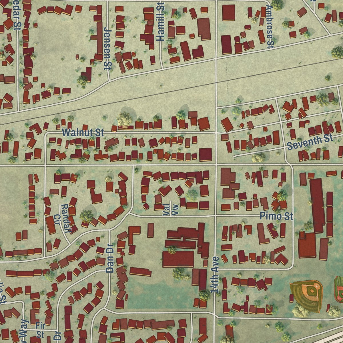 Close-up of the map of Armona, California print showing street and building detail