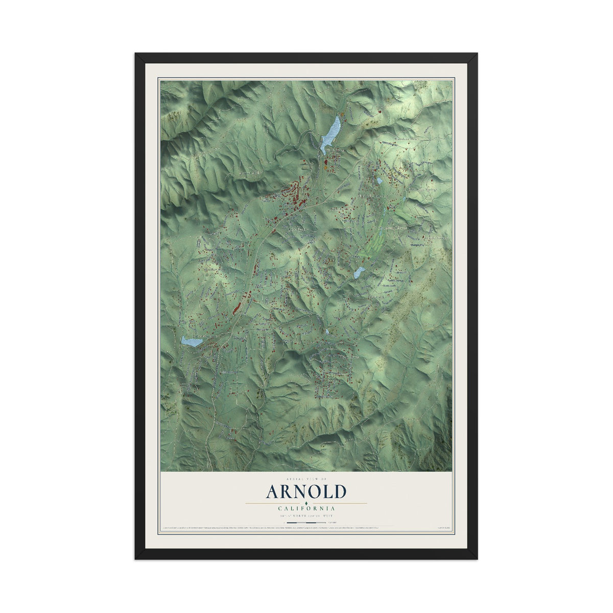 Map of Arnold, California, 12 x 18 inch print in a black wood frame