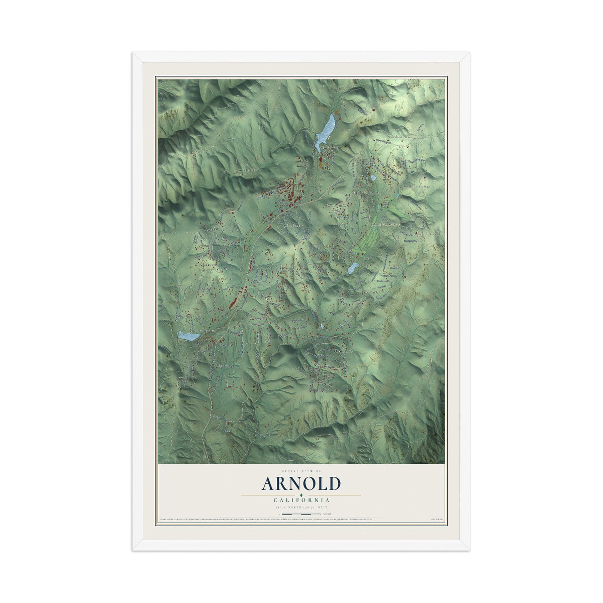 Map of Arnold, California, 12 x 18 inch print in a white wood frame