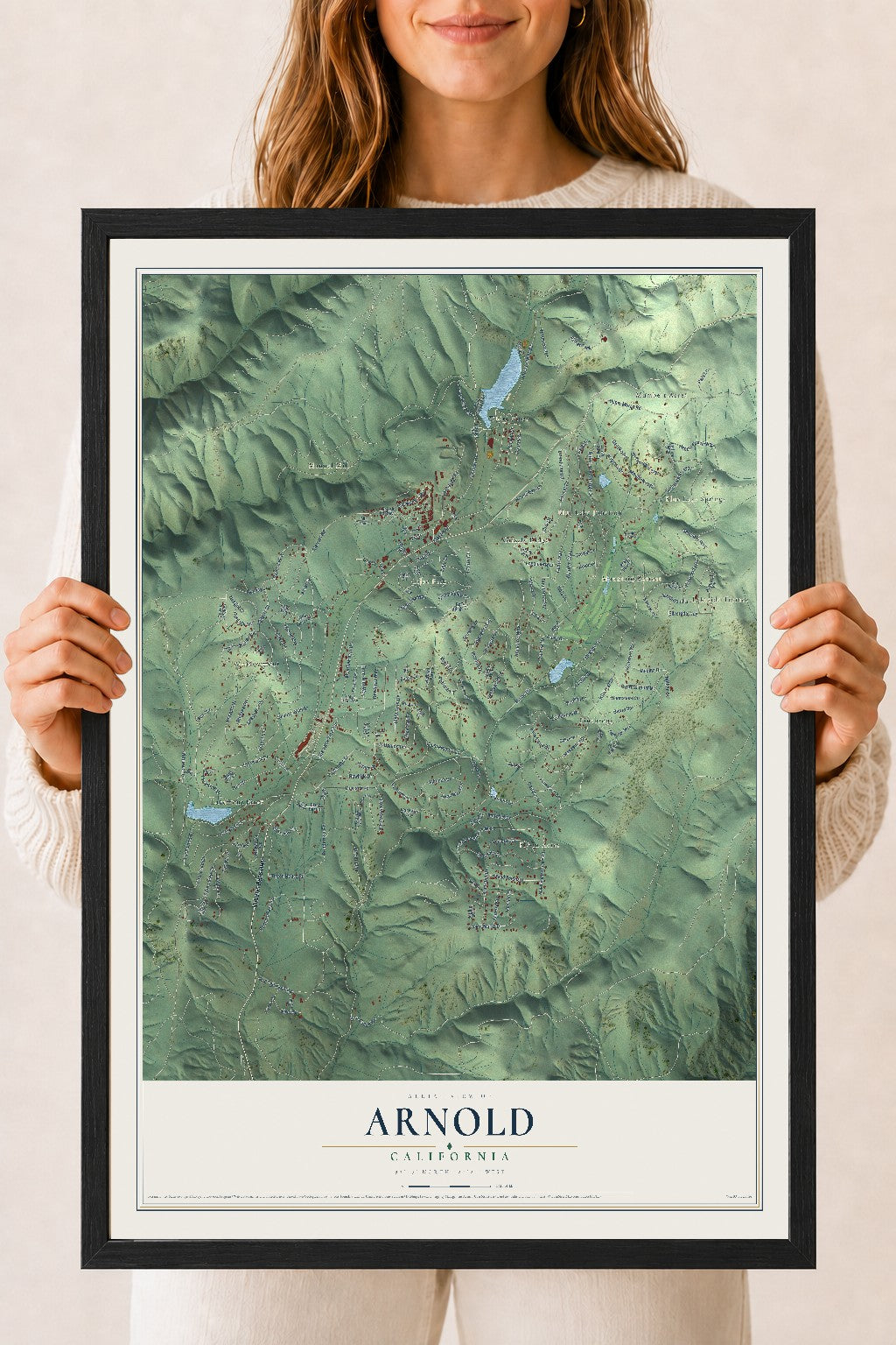 Map of Arnold, California, 18 x 24 inch print in a black wood frame