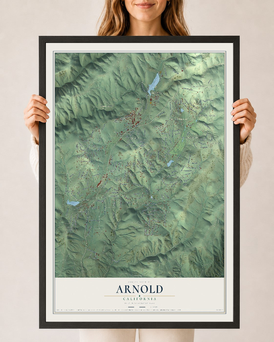 Map of Arnold, California, 24 x 36 inch print in a black wood frame
